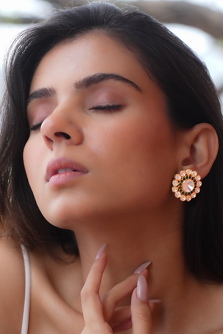 Gold Plated Moissanite Polki & Semi-Precious Stone Stud Earrings In Sterling Silver by Zeeya Luxury Jewellery at Pernia's Pop Up Shop