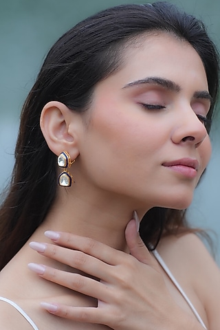 Gold Plated Moissanite Polki & Semi-Precious Stone Dangler Earrings In Sterling Silver by Zeeya Luxury Jewellery