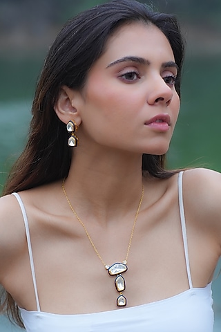 Gold Plated Moissanite Polki & Semi-Precious Stone Necklace Set In Sterling Silver by Zeeya Luxury Jewellery
