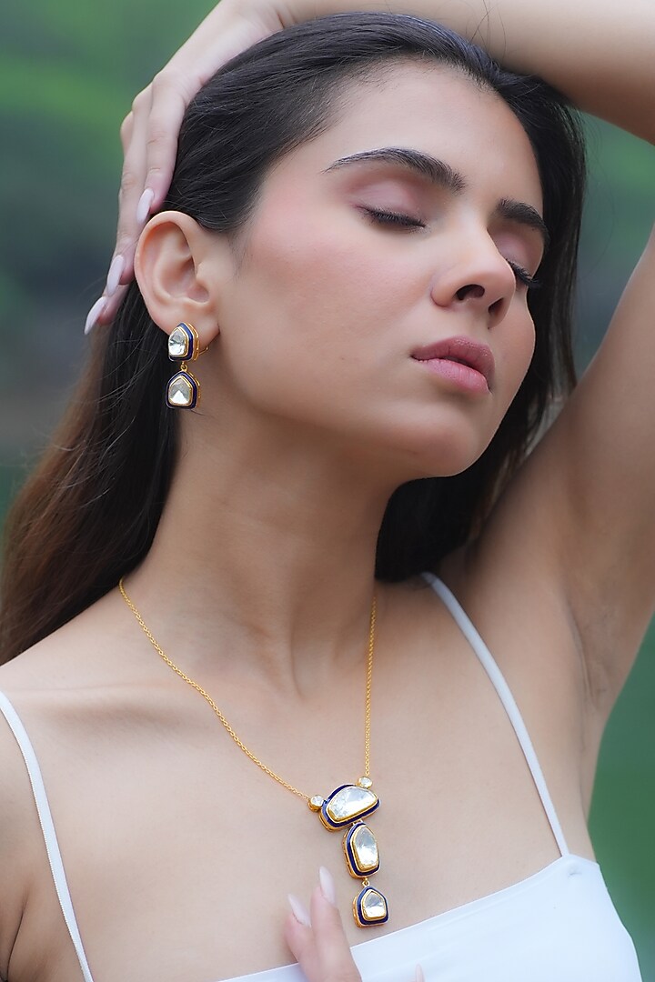 Gold Plated Moissanite Polki & Semi-Precious Stone Necklace Set In Sterling Silver by Zeeya Luxury Jewellery at Pernia's Pop Up Shop