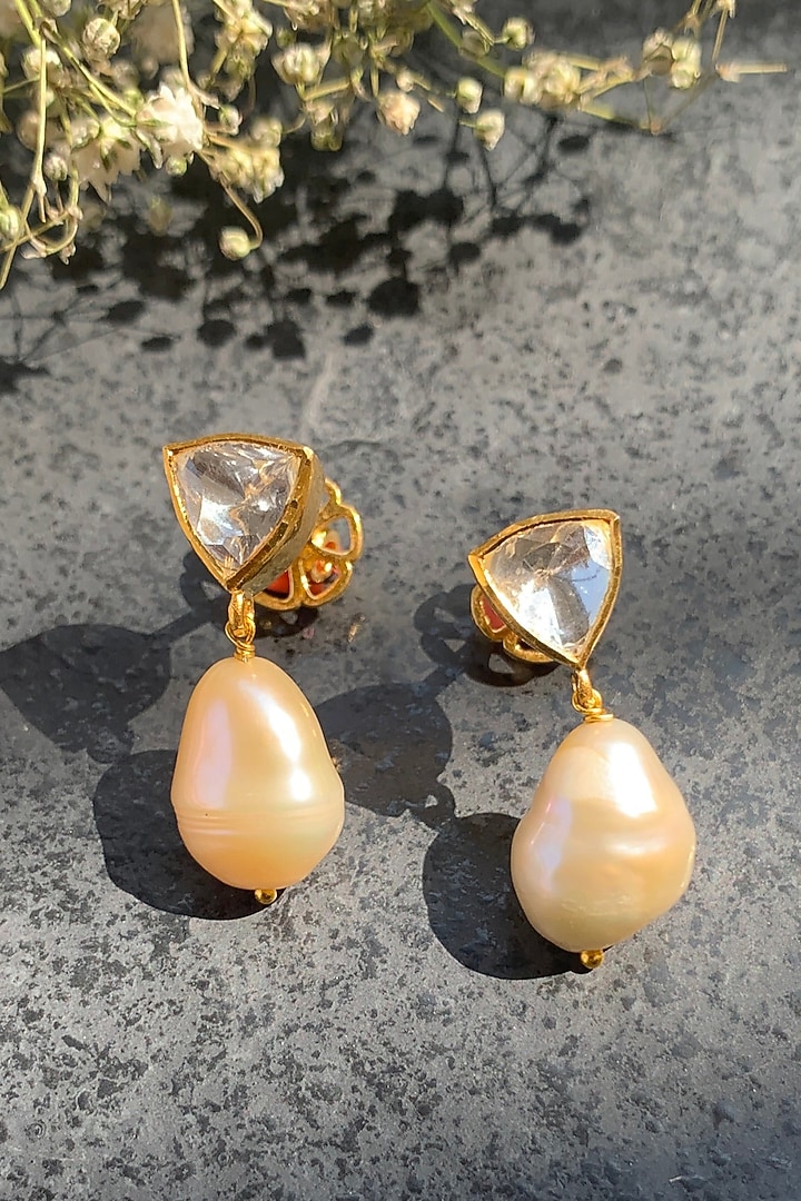 Gold Plated Moissanite Polki & Semi-Precious Stone Handcrafted Dangler Earrings In Sterling Silver by Zeeya Luxury Jewellery at Pernia's Pop Up Shop