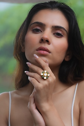 Gold Plated Moissanite Polki & Semi-Precious Stone Handcrafted Ring In Sterling Silver by Zeeya Luxury Jewellery