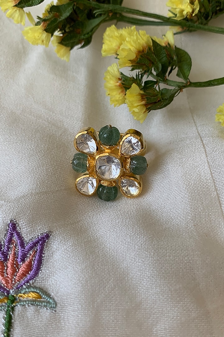 Gold Plated Moissanite Polki & Semi-Precious Stone Handcrafted Ring In Sterling Silver by Zeeya Luxury Jewellery at Pernia's Pop Up Shop