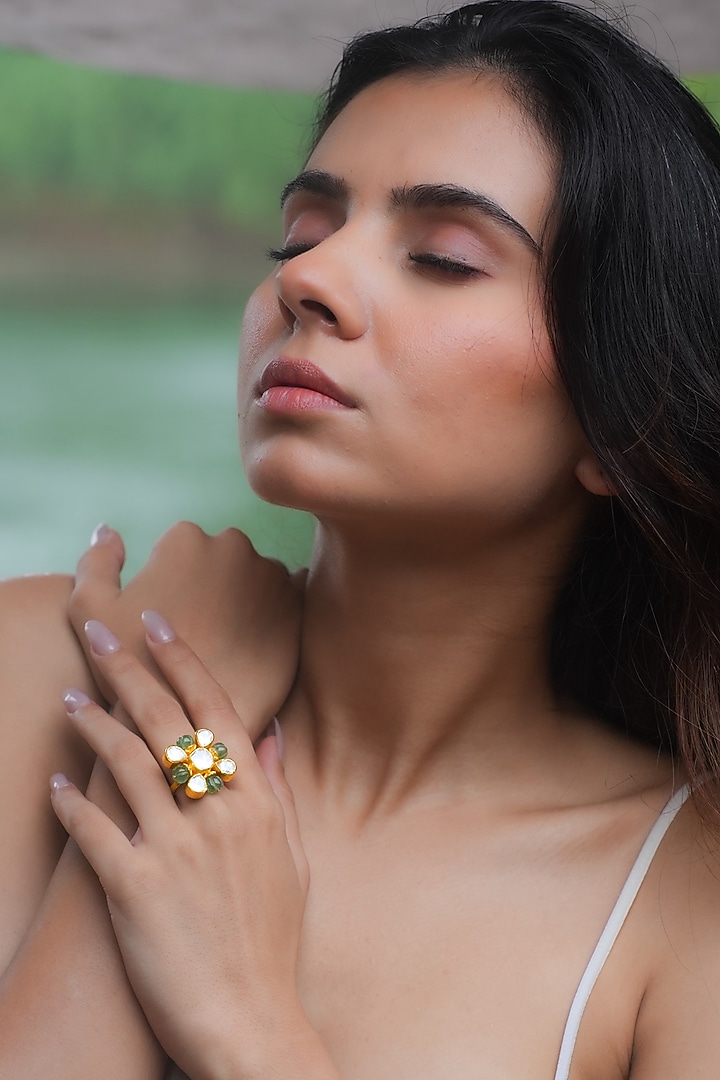 Gold Plated Moissanite Polki & Semi-Precious Stone Handcrafted Ring In Sterling Silver by Zeeya Luxury Jewellery at Pernia's Pop Up Shop