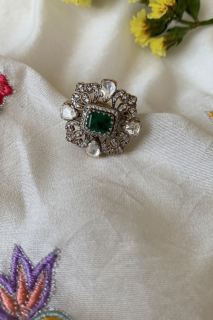 Gold Plated Moissanite Polki & Semi-Precious Stone Handcrafted Ring In Sterling Silver by Zeeya Luxury Jewellery at Pernia's Pop Up Shop