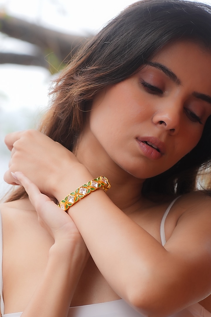 Gold Plated Moissanite Polki & Semi-Precious Stone Handcrafted Bangle In Sterling Silver by Zeeya Luxury Jewellery at Pernia's Pop Up Shop