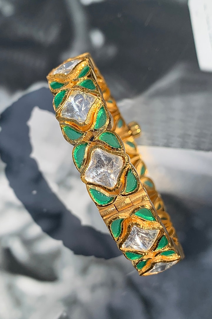 Gold Plated Moissanite Polki & Semi-Precious Stone Handcrafted Bangle In Sterling Silver by Zeeya Luxury Jewellery at Pernia's Pop Up Shop