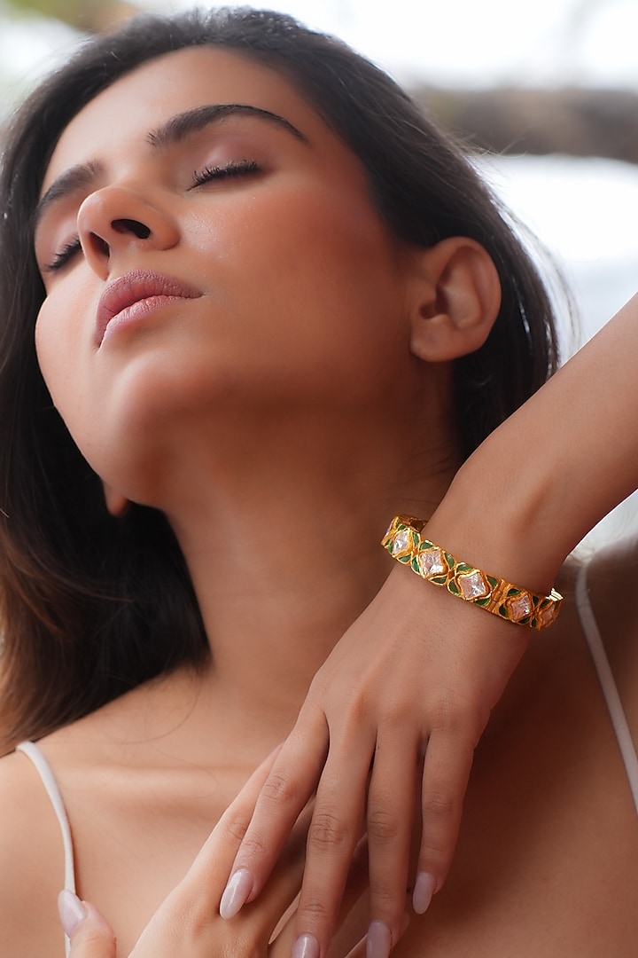 Gold Plated Moissanite Polki & Semi-Precious Stone Handcrafted Bangle In Sterling Silver by Zeeya Luxury Jewellery at Pernia's Pop Up Shop
