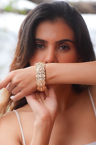 Gold Plated Moissanite Polki & Semi-Precious Stone Handcrafted Bangle In Sterling Silver by Zeeya Luxury Jewellery