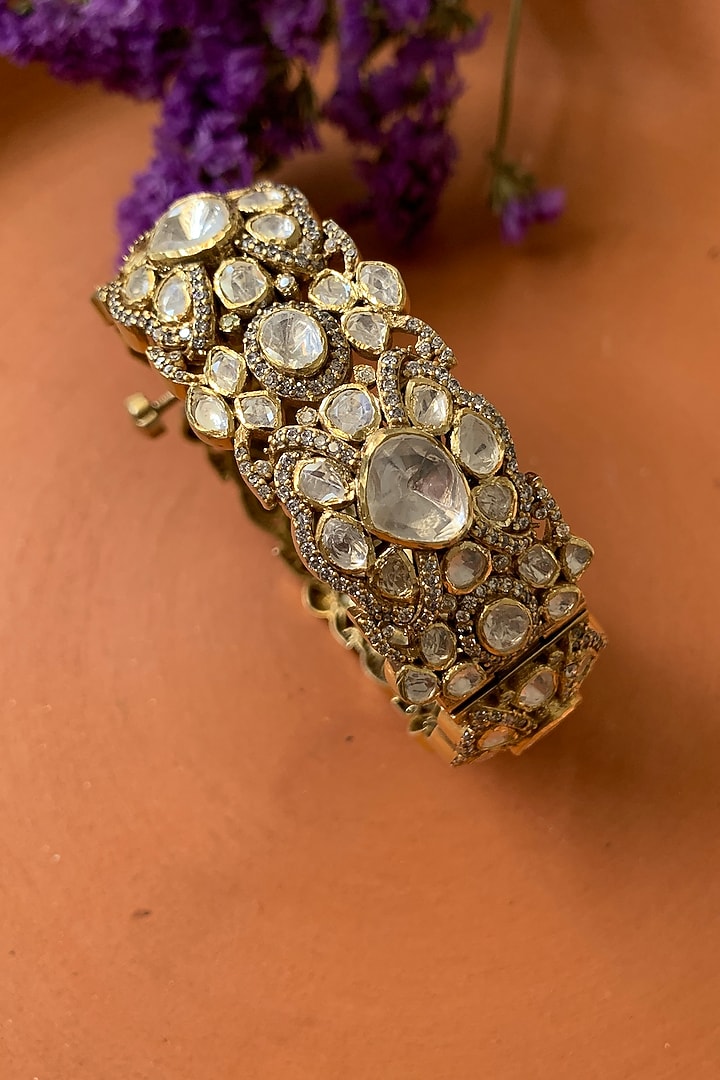Gold Plated Moissanite Polki & Semi-Precious Stone Handcrafted Bangle In Sterling Silver by Zeeya Luxury Jewellery at Pernia's Pop Up Shop