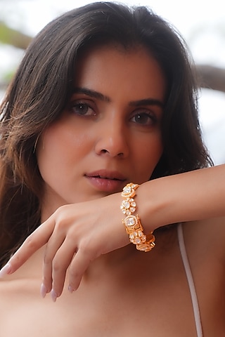 Gold Plated Moissanite Polki & Semi-Precious Stone Handcrafted Bangle In Sterling Silver by Zeeya Luxury Jewellery