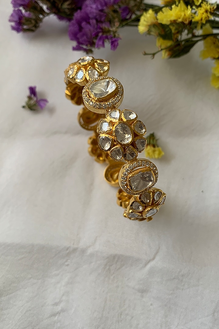 Gold Plated Moissanite Polki & Semi-Precious Stone Handcrafted Bangle In Sterling Silver by Zeeya Luxury Jewellery at Pernia's Pop Up Shop