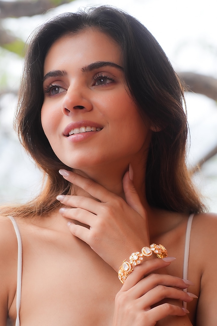 Gold Plated Moissanite Polki & Semi-Precious Stone Handcrafted Bangle In Sterling Silver by Zeeya Luxury Jewellery at Pernia's Pop Up Shop