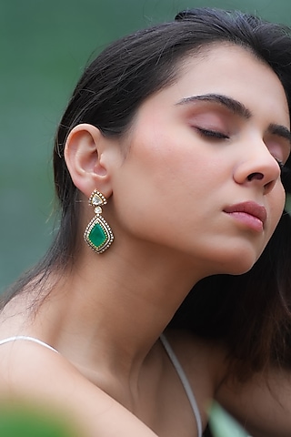Gold Plated Moissanite Polki & Semi-Precious Stone Handcrafted Dangler Earrings In Sterling Silver by Zeeya Luxury Jewellery