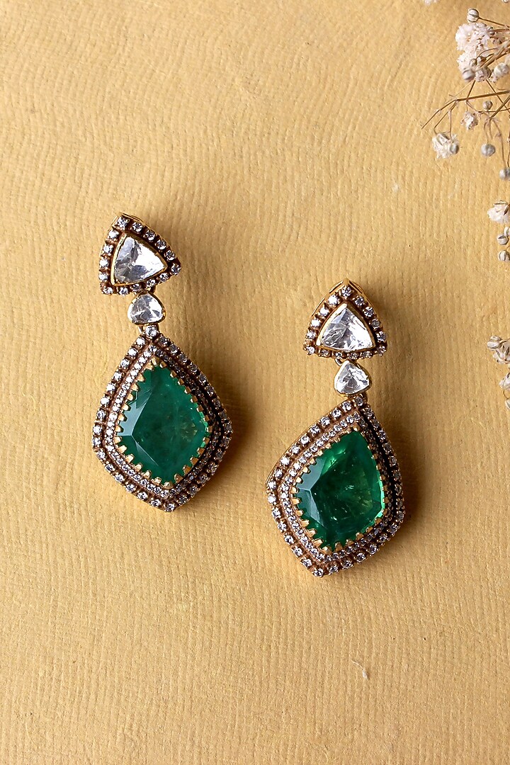 Gold Plated Moissanite Polki & Semi-Precious Stone Handcrafted Dangler Earrings In Sterling Silver by Zeeya Luxury Jewellery at Pernia's Pop Up Shop
