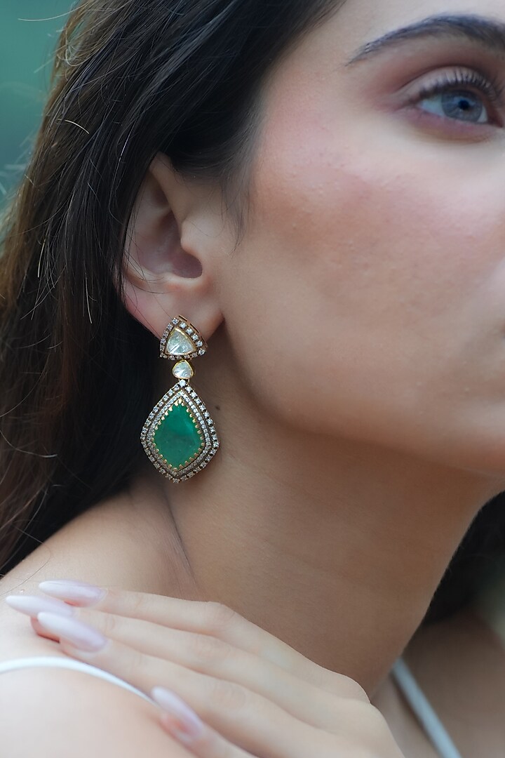 Gold Plated Moissanite Polki & Semi-Precious Stone Handcrafted Dangler Earrings In Sterling Silver by Zeeya Luxury Jewellery at Pernia's Pop Up Shop