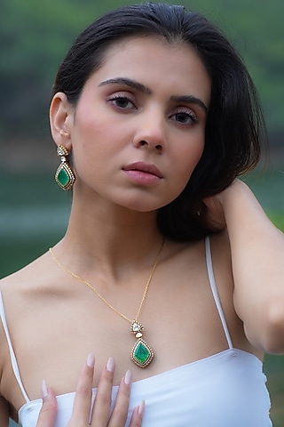 Gold Plated Moissanite Polki & Semi-Precious Stone Handcrafted Necklace Set In Sterling Silver by Zeeya Luxury Jewellery