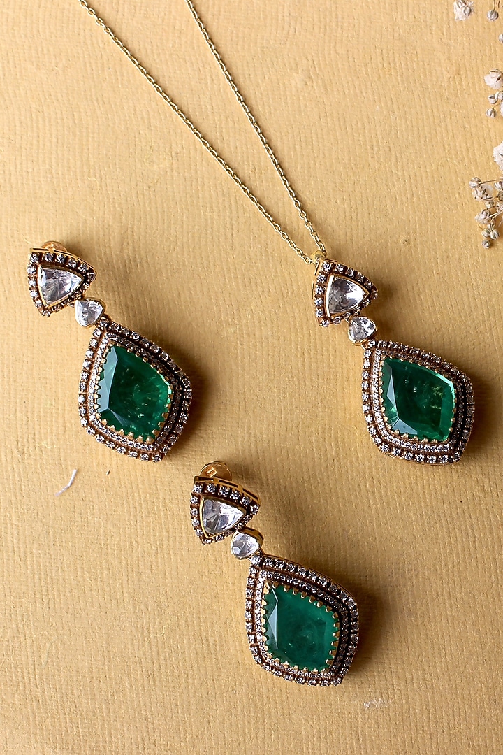 Gold Plated Moissanite Polki & Semi-Precious Stone Handcrafted Necklace Set In Sterling Silver by Zeeya Luxury Jewellery at Pernia's Pop Up Shop