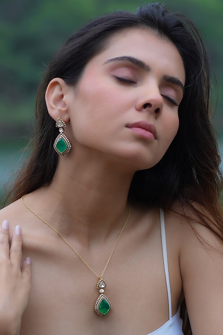 Gold Plated Moissanite Polki & Semi-Precious Stone Handcrafted Necklace Set In Sterling Silver by Zeeya Luxury Jewellery at Pernia's Pop Up Shop