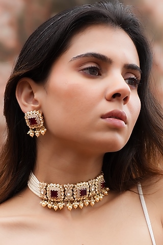 Gold Plated Moissanite Polki & Semi-Precious Stone Handcrafted Choker Necklace Set In Sterling Silver by Zeeya Luxury Jewellery