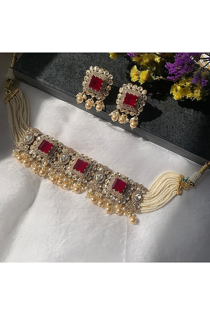 Gold Plated Moissanite Polki & Semi-Precious Stone Handcrafted Choker Necklace Set In Sterling Silver by Zeeya Luxury Jewellery at Pernia's Pop Up Shop