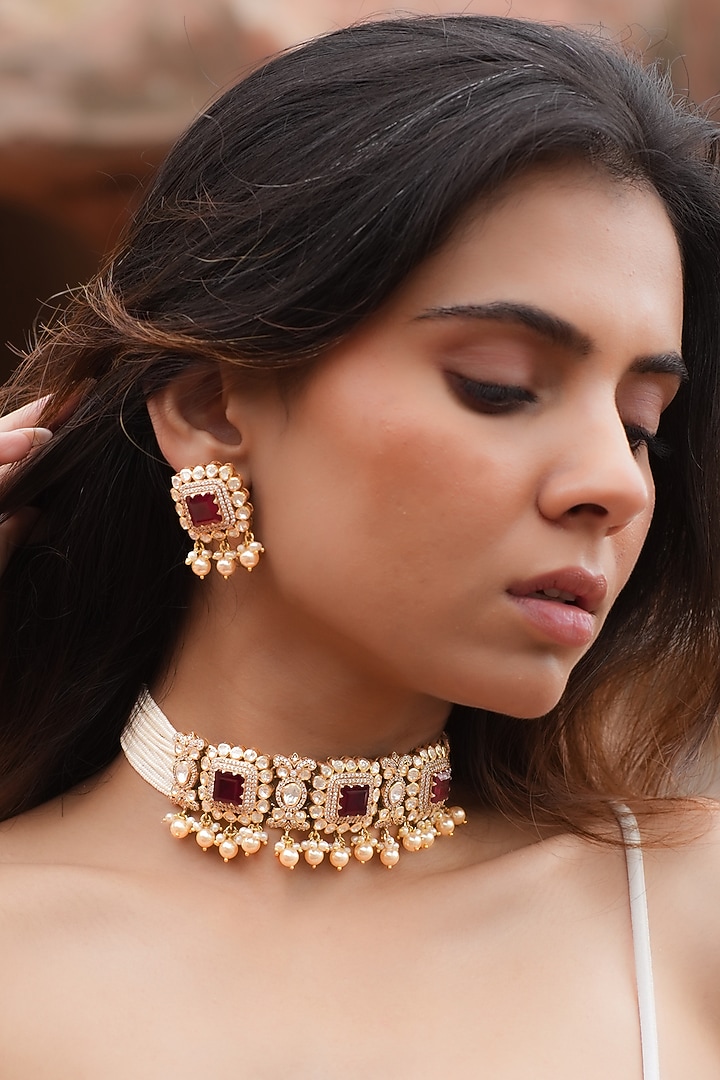 Gold Plated Moissanite Polki & Semi-Precious Stone Handcrafted Choker Necklace Set In Sterling Silver by Zeeya Luxury Jewellery at Pernia's Pop Up Shop