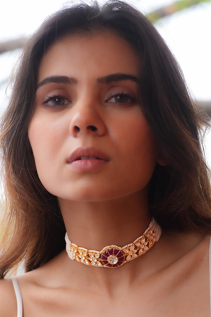 Gold Plated Moissanite Polki & Semi-Precious Stone Handcrafted Choker Necklace In Sterling Silver by Zeeya Luxury Jewellery at Pernia's Pop Up Shop