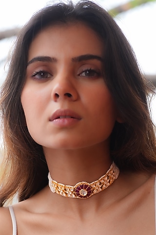 Gold Plated Moissanite Polki & Semi-Precious Stone Handcrafted Choker Necklace In Sterling Silver by Zeeya Luxury Jewellery