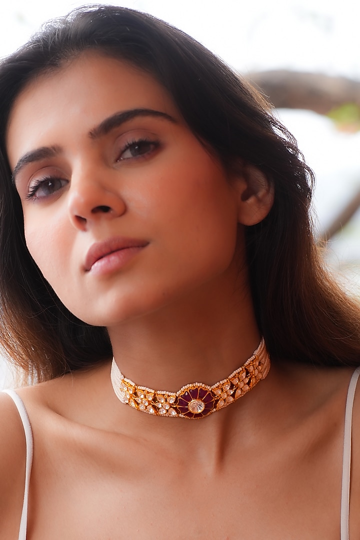 Gold Plated Moissanite Polki & Semi-Precious Stone Handcrafted Choker Necklace In Sterling Silver by Zeeya Luxury Jewellery at Pernia's Pop Up Shop