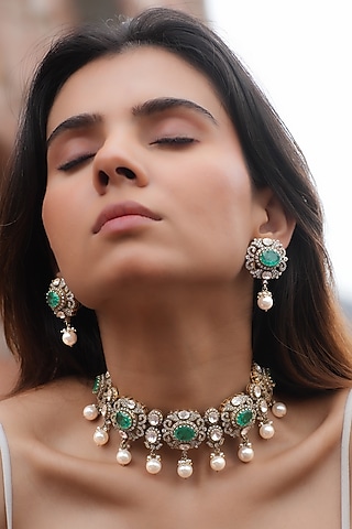 Gold Plated Moissanite Polki & Semi-Precious Stone Handcrafted Choker Necklace Set In Sterling Silver by Zeeya Luxury Jewellery