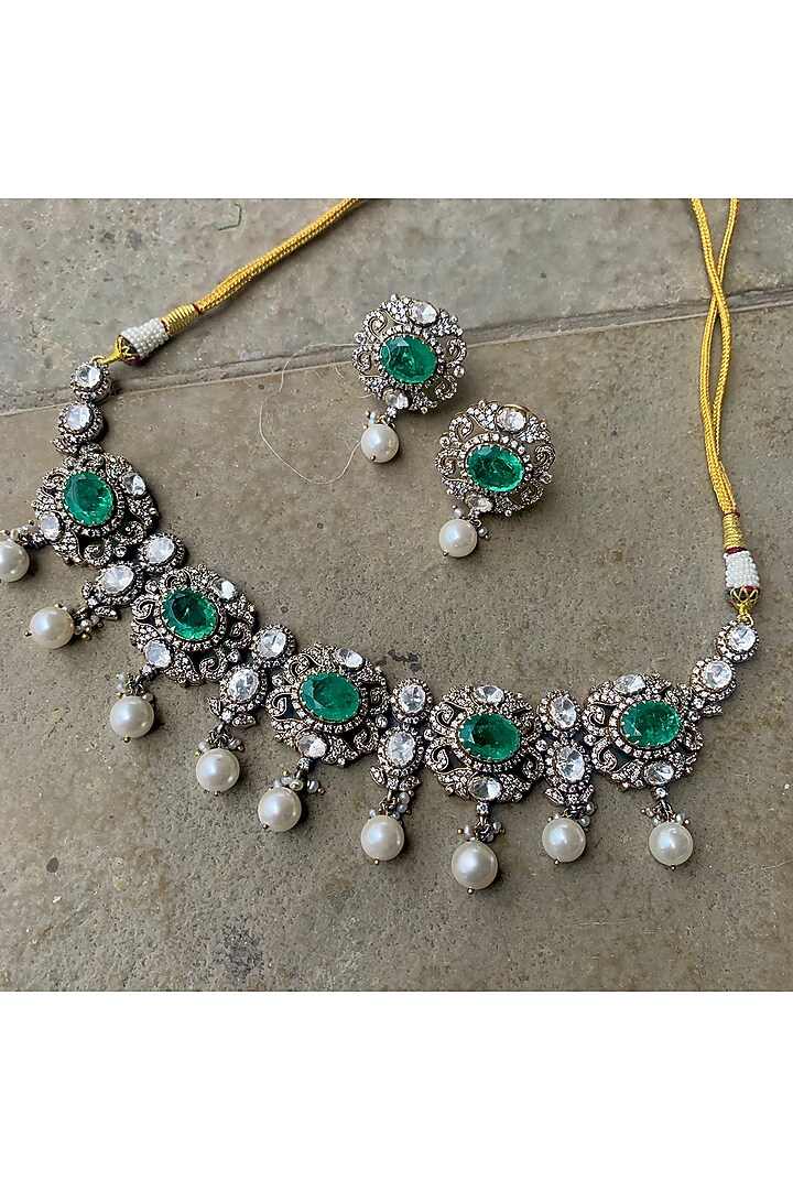 Gold Plated Moissanite Polki & Semi-Precious Stone Handcrafted Choker Necklace Set In Sterling Silver by Zeeya Luxury Jewellery at Pernia's Pop Up Shop