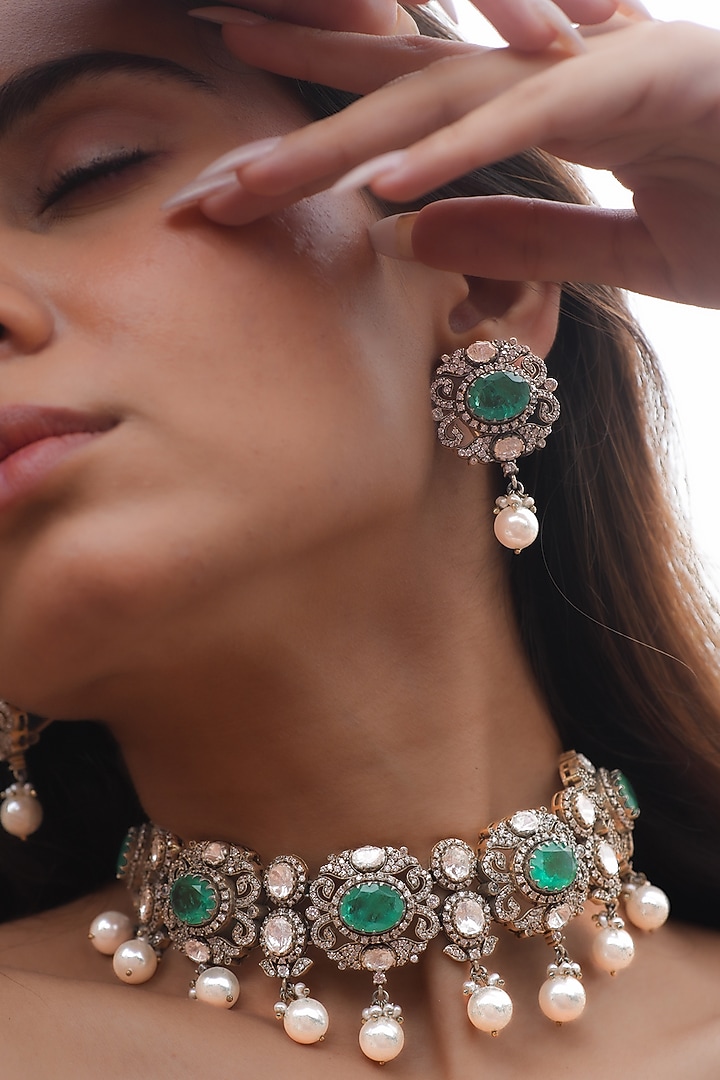 Gold Plated Moissanite Polki & Semi-Precious Stone Handcrafted Choker Necklace Set In Sterling Silver by Zeeya Luxury Jewellery at Pernia's Pop Up Shop