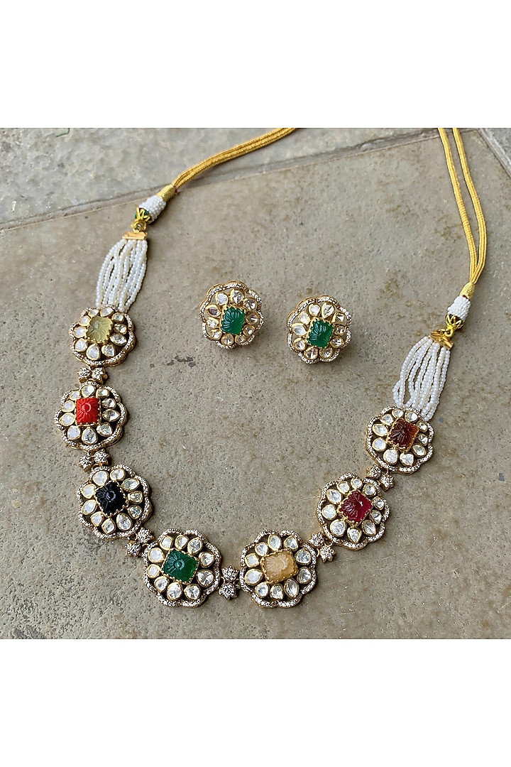 Gold Plated Moissanite Polki & Semi-Precious Stone Handcrafted Choker Necklace Set In Sterling Silver by Zeeya Luxury Jewellery at Pernia's Pop Up Shop