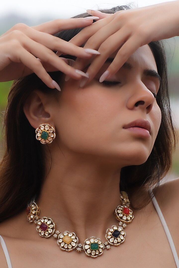 Gold Plated Moissanite Polki & Semi-Precious Stone Handcrafted Choker Necklace Set In Sterling Silver by Zeeya Luxury Jewellery at Pernia's Pop Up Shop