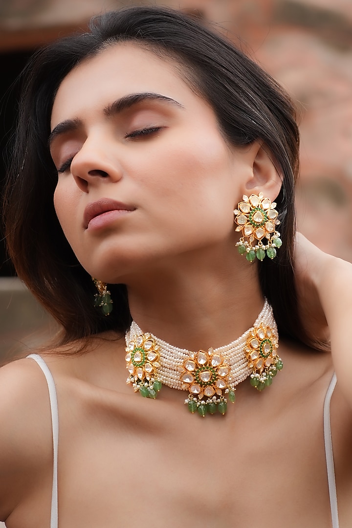 Gold Plated Moissanite Polki & Semi-Precious Stone Handcrafted Choker Necklace Set In Sterling Silver by Zeeya Luxury Jewellery at Pernia's Pop Up Shop