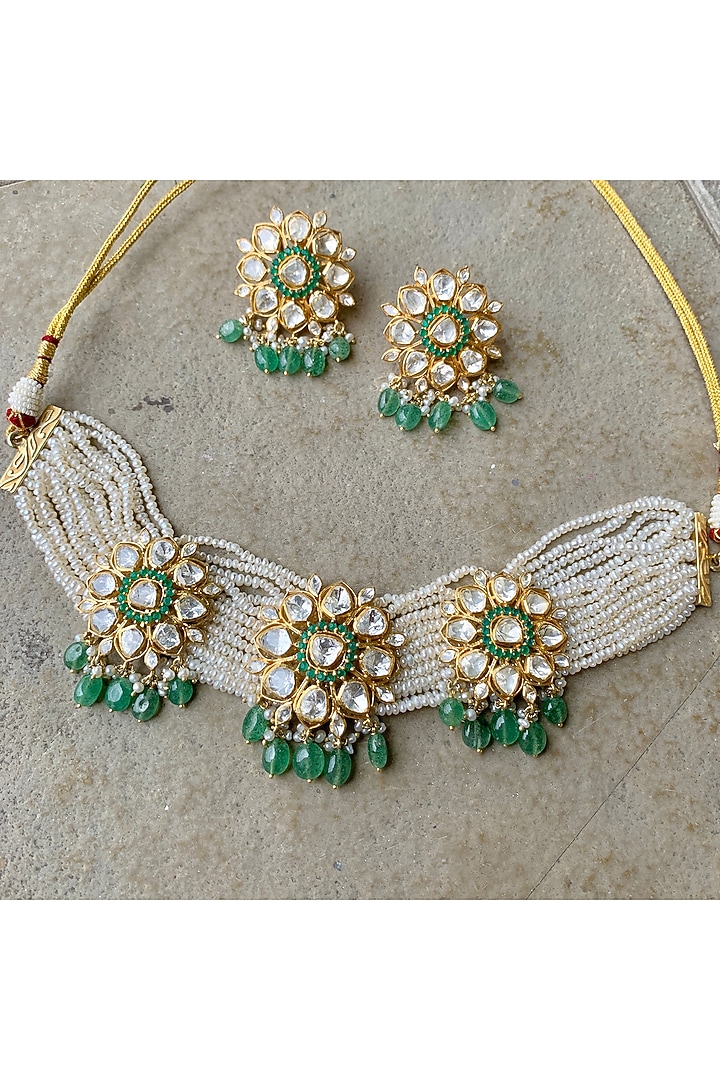 Gold Plated Moissanite Polki & Semi-Precious Stone Handcrafted Choker Necklace Set In Sterling Silver by Zeeya Luxury Jewellery at Pernia's Pop Up Shop