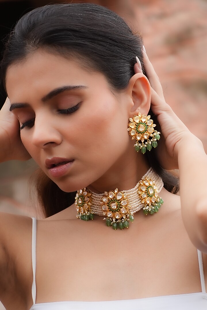 Gold Plated Moissanite Polki & Semi-Precious Stone Handcrafted Choker Necklace Set In Sterling Silver by Zeeya Luxury Jewellery at Pernia's Pop Up Shop