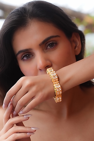Gold Plated Moissanite Polki & Semi-Precious Stone Handcrafted Bracelet In Sterling Silver by Zeeya Luxury Jewellery