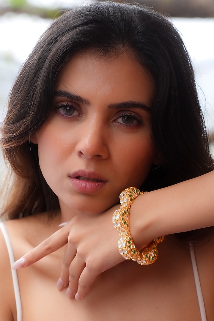 Gold Plated Moissanite Polki & Semi-Precious Stone Handcrafted Bracelet In Sterling Silver by Zeeya Luxury Jewellery at Pernia's Pop Up Shop