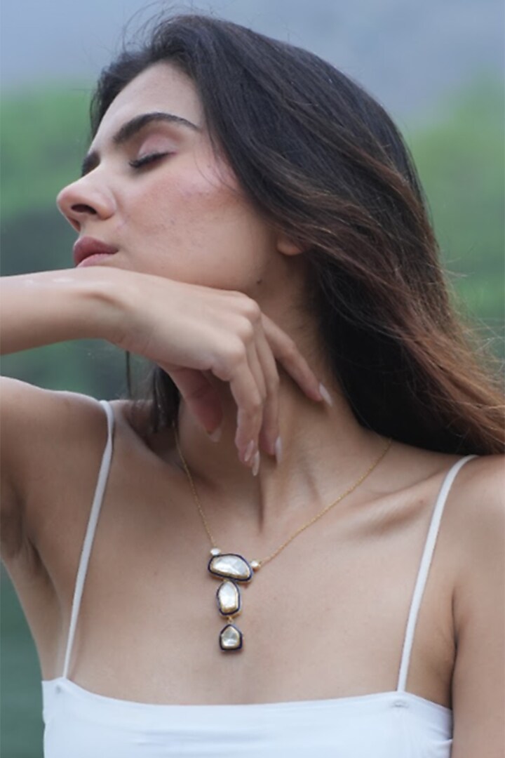 Gold Plated Moissanite Polki & Semi-Precious Stone Handcrafted Necklace In Sterling Silver by Zeeya Luxury Jewellery at Pernia's Pop Up Shop