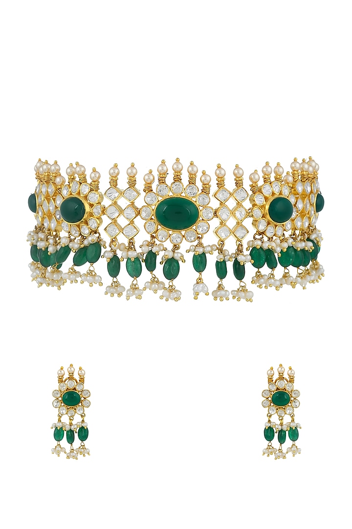 Gold Plated Pearl & Kundan Polki Necklace Set In Sterling Silver by Zeeya Luxury Jewellery