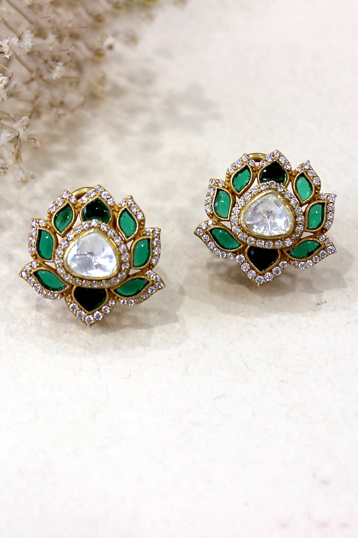 Gold Plated Moissanite Polki & Semi-Precious Stone Stud Earrings In Sterling Silver by Zeeya Luxury Jewellery at Pernia's Pop Up Shop