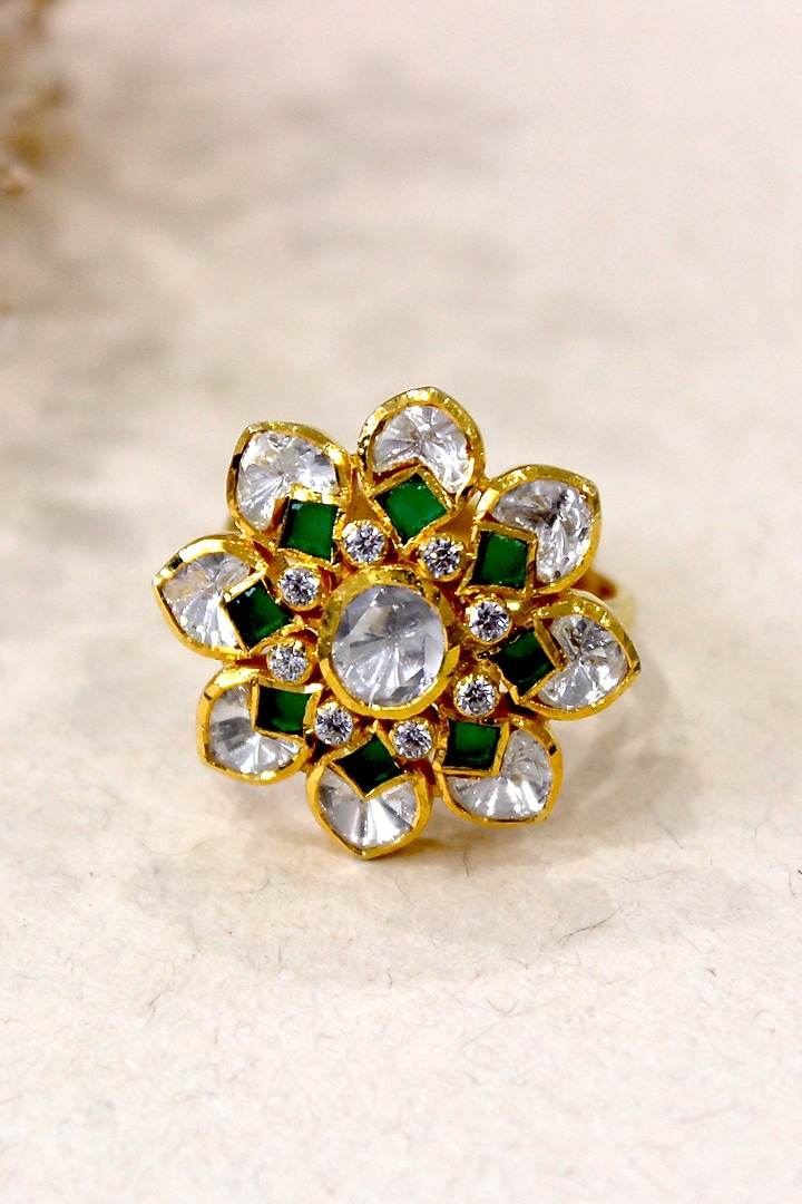 Gold Plated Moissanite Polki & Semi-Precious Stone Ring In Sterling Silver by Zeeya Luxury Jewellery at Pernia's Pop Up Shop