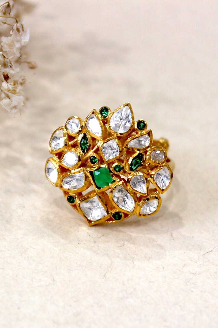 Gold Plated Moissanite Polki & Semi-Precious Stone Ring In Sterling Silver by Zeeya Luxury Jewellery at Pernia's Pop Up Shop