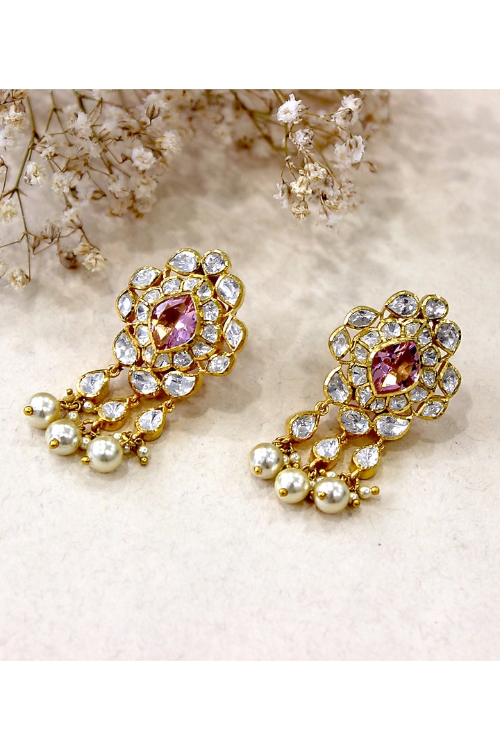 Gold Plated Moissanite Polki & Semi-Precious Stone Dangler Earrings In Sterling Silver by Zeeya Luxury Jewellery at Pernia's Pop Up Shop