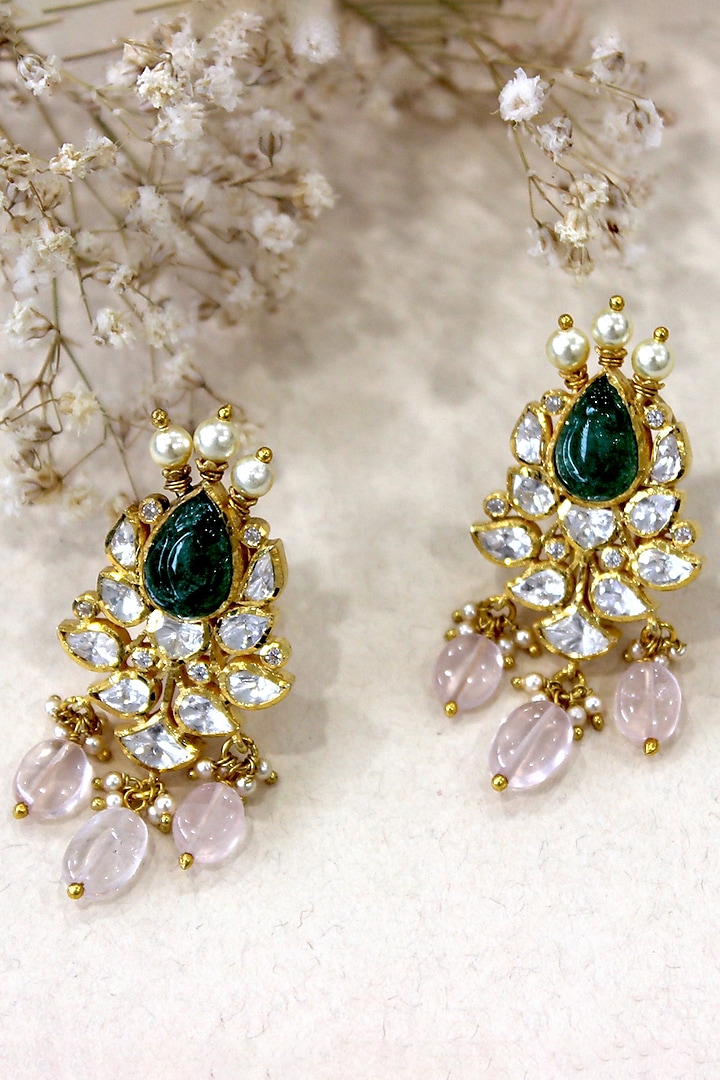 Gold Plated Moissanite Polki & Semi-Precious Stone Dangler Earrings In Sterling Silver by Zeeya Luxury Jewellery at Pernia's Pop Up Shop