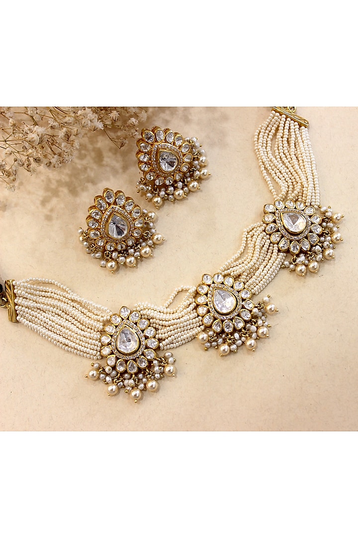 Gold Plated Moissanite Polki & Semi-Precious Stone Necklace Set In Sterling Silver by Zeeya Luxury Jewellery at Pernia's Pop Up Shop