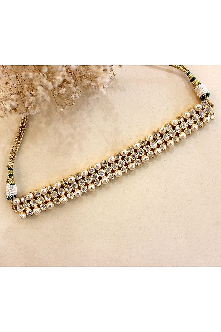 Gold Plated Moissanite Polki & Semi-Precious Stone Necklace In Sterling Silver by Zeeya Luxury Jewellery