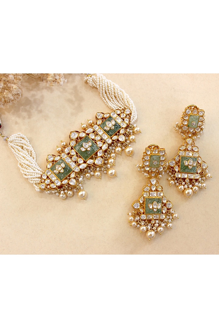 Gold Plated Moissanite Polki & Semi-Precious Stone Necklace Set In Sterling Silver by Zeeya Luxury Jewellery
