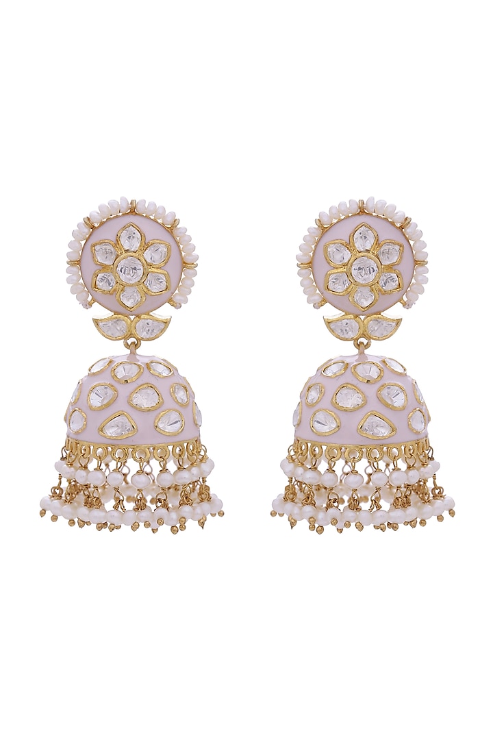 Gold Finish Meenakari Earrings With Kundans In Sterling Silver by Zeeya Luxury Jewellery